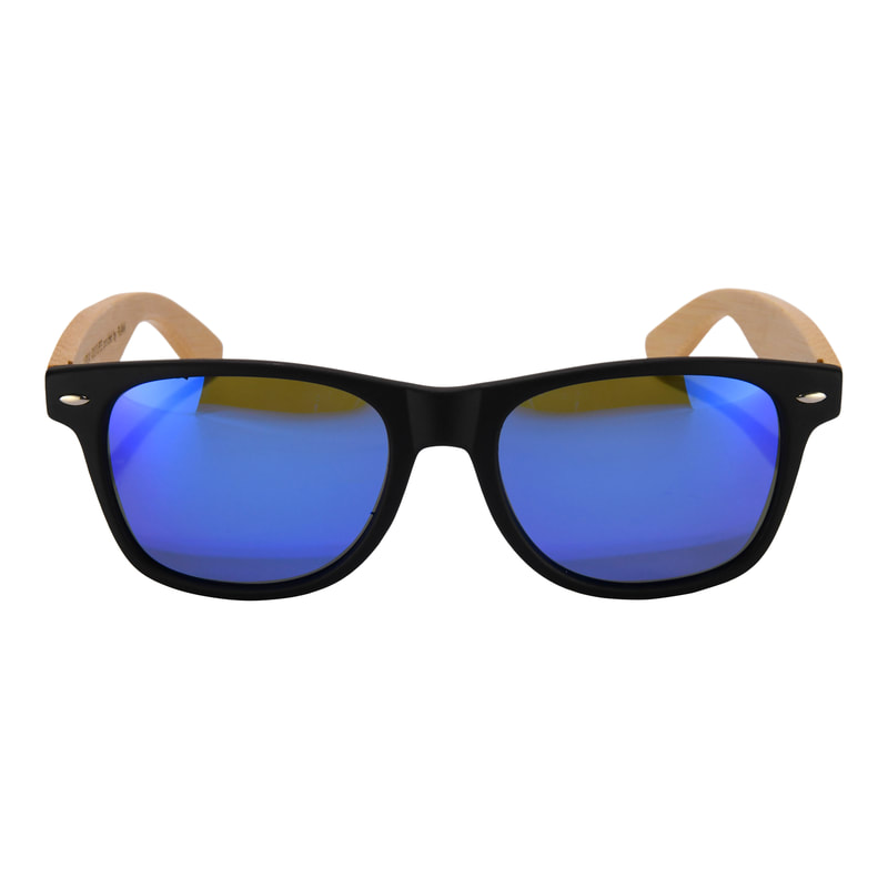 Bamboo framed sunglasses with blue mirrrored polarized lenses. 