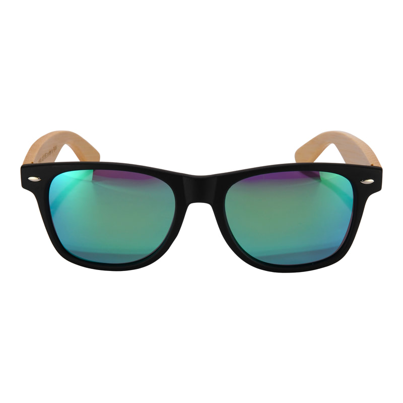 Bamboo framed sunglasses with green mirrored polarized lenses.