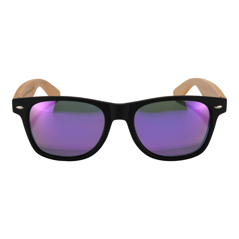Bamboo frame wood sunglasses with purple polarized mirrored lenses. 